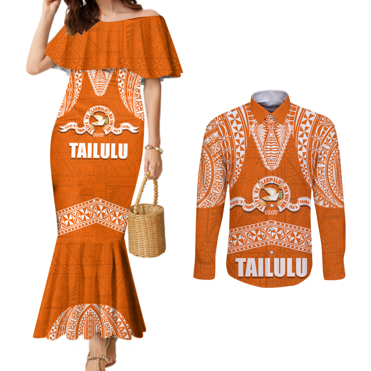 Tonga Tailulu College Couples Matching Mermaid Dress and Long Sleeve Button Shirt Traditional Ngatu and Polynesian Pattern LT03 Orange - Polynesian Pride