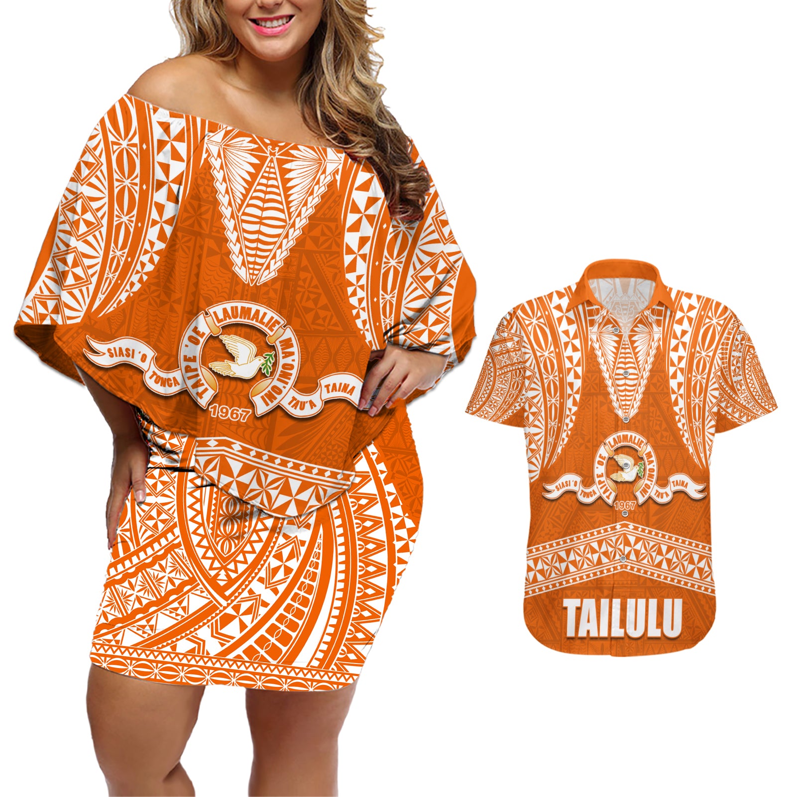 Tonga Tailulu College Couples Matching Off Shoulder Short Dress and Hawaiian Shirt Traditional Ngatu and Polynesian Pattern LT03 Orange - Polynesian Pride