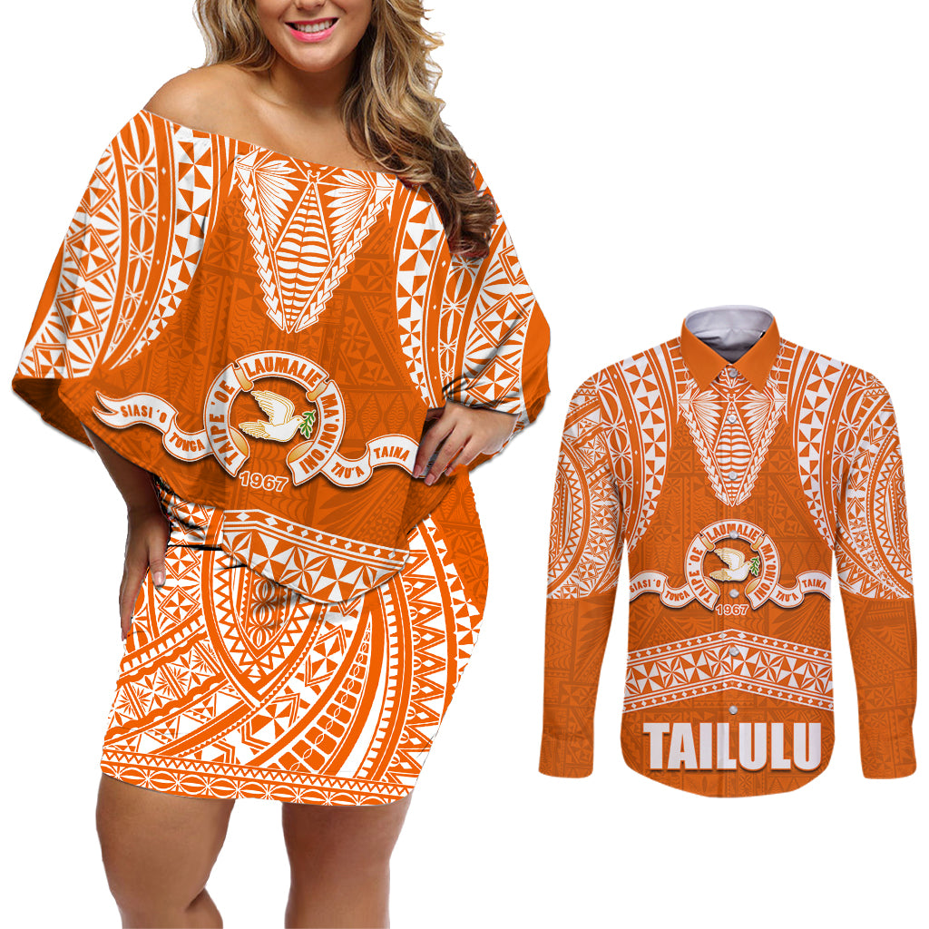 Tonga Tailulu College Couples Matching Off Shoulder Short Dress and Long Sleeve Button Shirt Traditional Ngatu and Polynesian Pattern LT03 Orange - Polynesian Pride