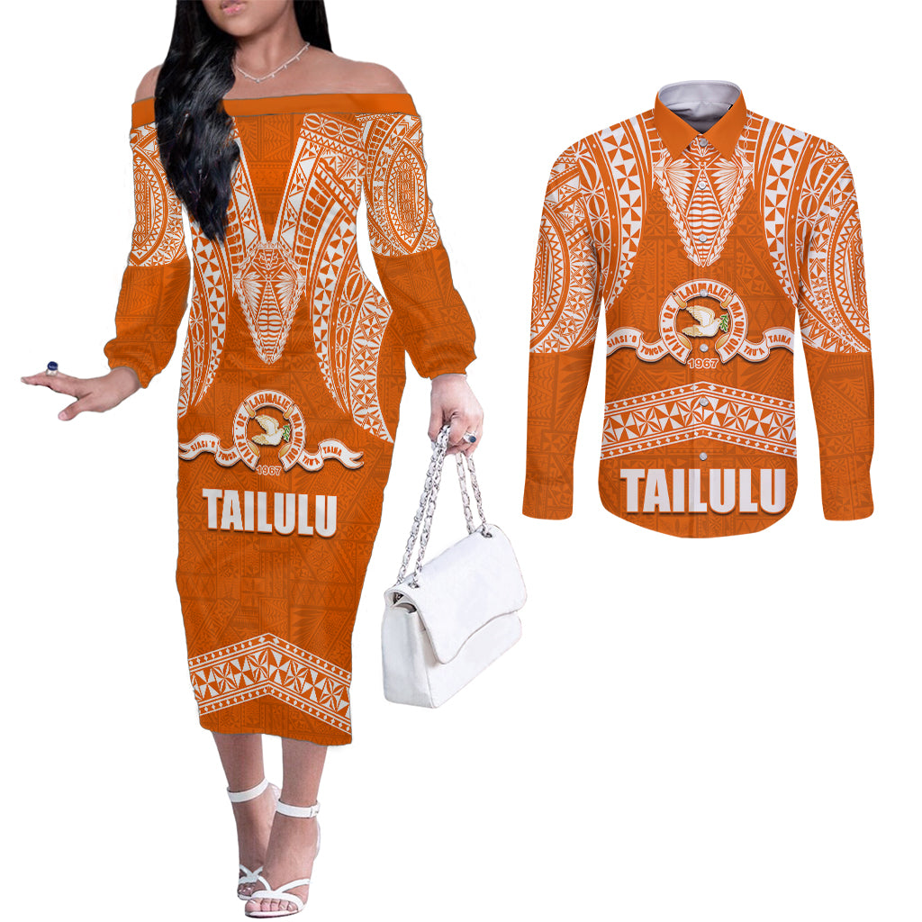 Tonga Tailulu College Couples Matching Off The Shoulder Long Sleeve Dress and Long Sleeve Button Shirt Traditional Ngatu and Polynesian Pattern LT03 Orange - Polynesian Pride