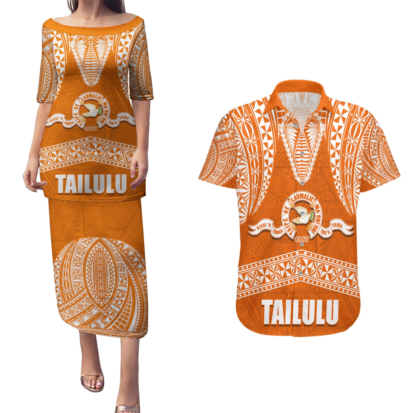 Tonga Tailulu College Couples Matching Puletasi Dress and Hawaiian Shirt Traditional Ngatu and Polynesian Pattern LT03 Orange - Polynesian Pride