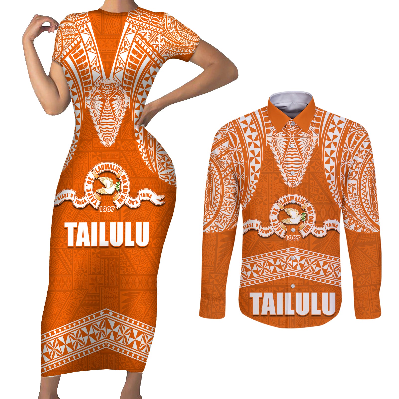 Tonga Tailulu College Couples Matching Short Sleeve Bodycon Dress and Long Sleeve Button Shirt Traditional Ngatu and Polynesian Pattern LT03 Orange - Polynesian Pride