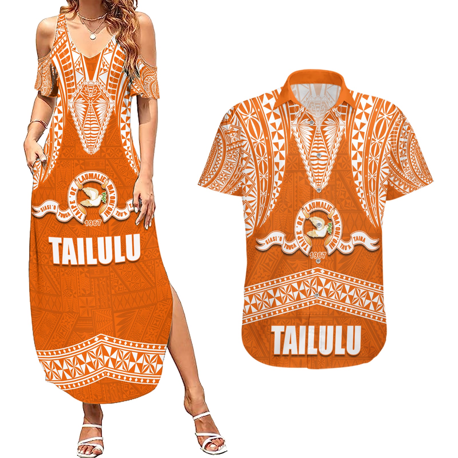 Tonga Tailulu College Couples Matching Summer Maxi Dress and Hawaiian Shirt Traditional Ngatu and Polynesian Pattern LT03 Orange - Polynesian Pride