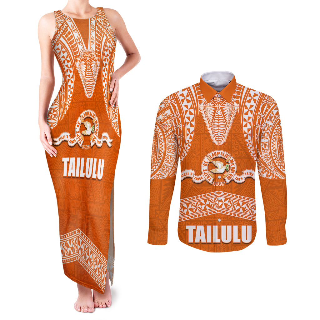 Tonga Tailulu College Couples Matching Tank Maxi Dress and Long Sleeve Button Shirt Traditional Ngatu and Polynesian Pattern LT03 Orange - Polynesian Pride