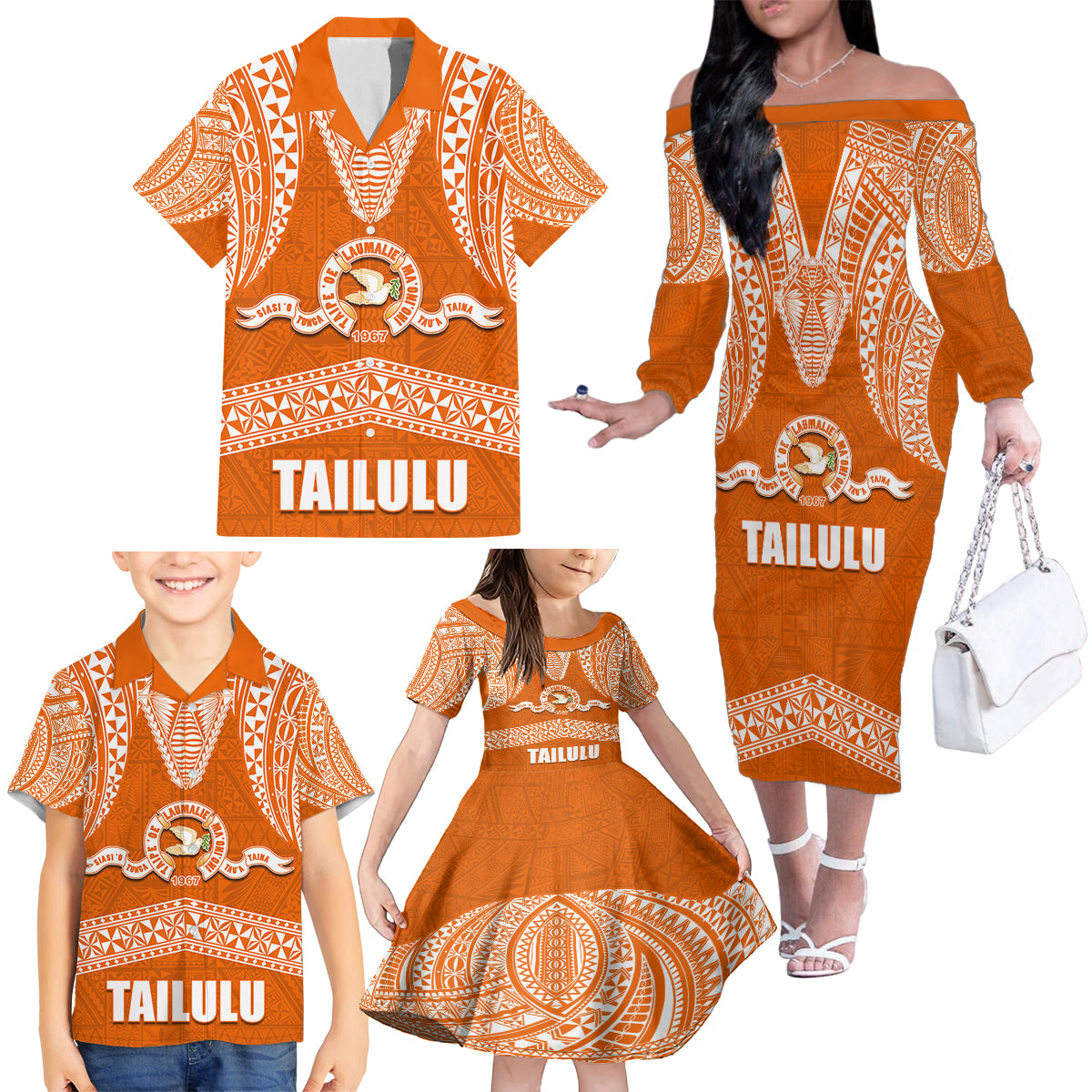 Tonga Tailulu College Family Matching Off Shoulder Long Sleeve Dress and Hawaiian Shirt Traditional Ngatu and Polynesian Pattern LT03 - Polynesian Pride