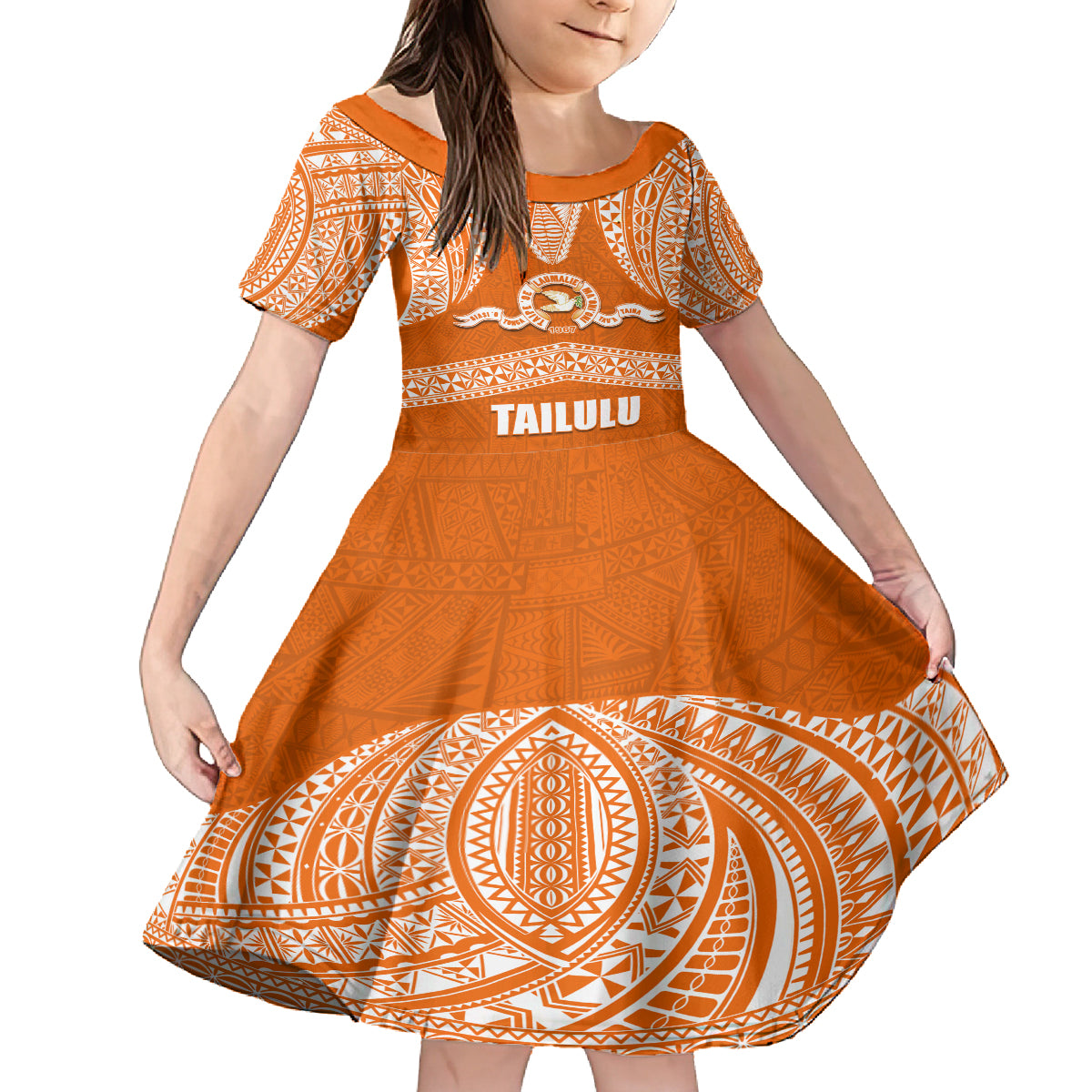 Tonga Tailulu College Kid Short Sleeve Dress Traditional Ngatu and Polynesian Pattern LT03 KID Orange - Polynesian Pride