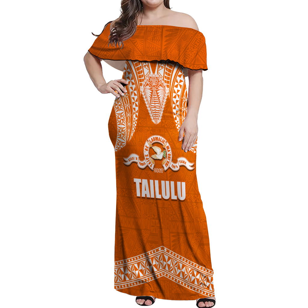 Tonga Tailulu College Off Shoulder Maxi Dress Traditional Ngatu and Polynesian Pattern LT03 Women Orange - Polynesian Pride