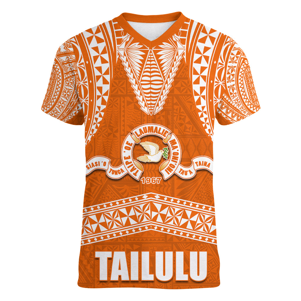 Tonga Tailulu College Women V Neck T Shirt Traditional Ngatu and Polynesian Pattern LT03 Female Orange - Polynesian Pride