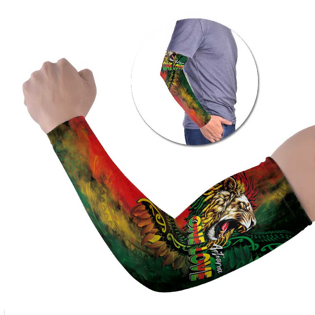 Aotearoa One Love Arm Sleeves Reggae Lion with Kakahu Huruhuru LT03 Set of 2 Black - Polynesian Pride
