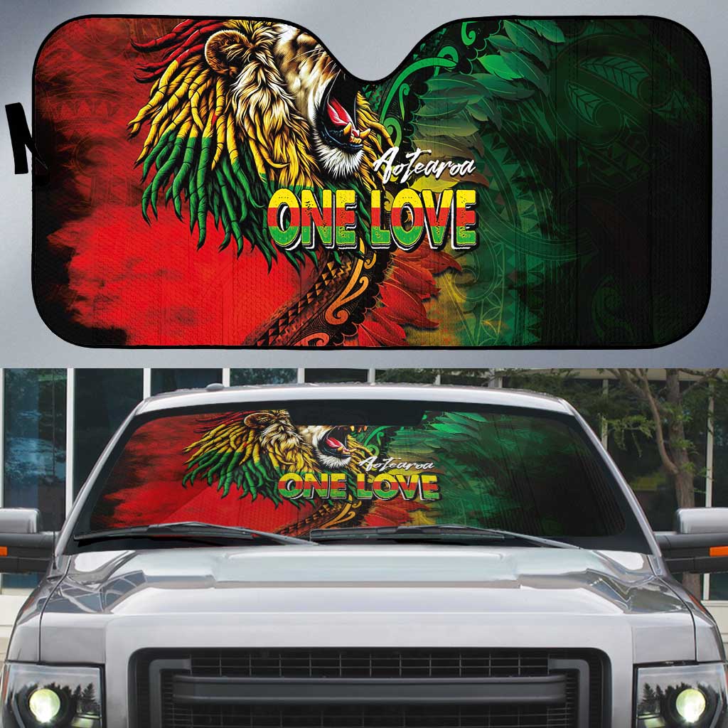 Aotearoa One Love Auto Sun Shade Reggae Lion with Kakahu Huruhuru LT03 Black - Polynesian Pride
