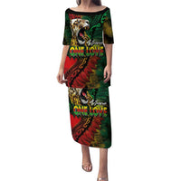 Aotearoa One Love Puletasi Reggae Lion with Kakahu Huruhuru LT03 Long Dress Black - Polynesian Pride