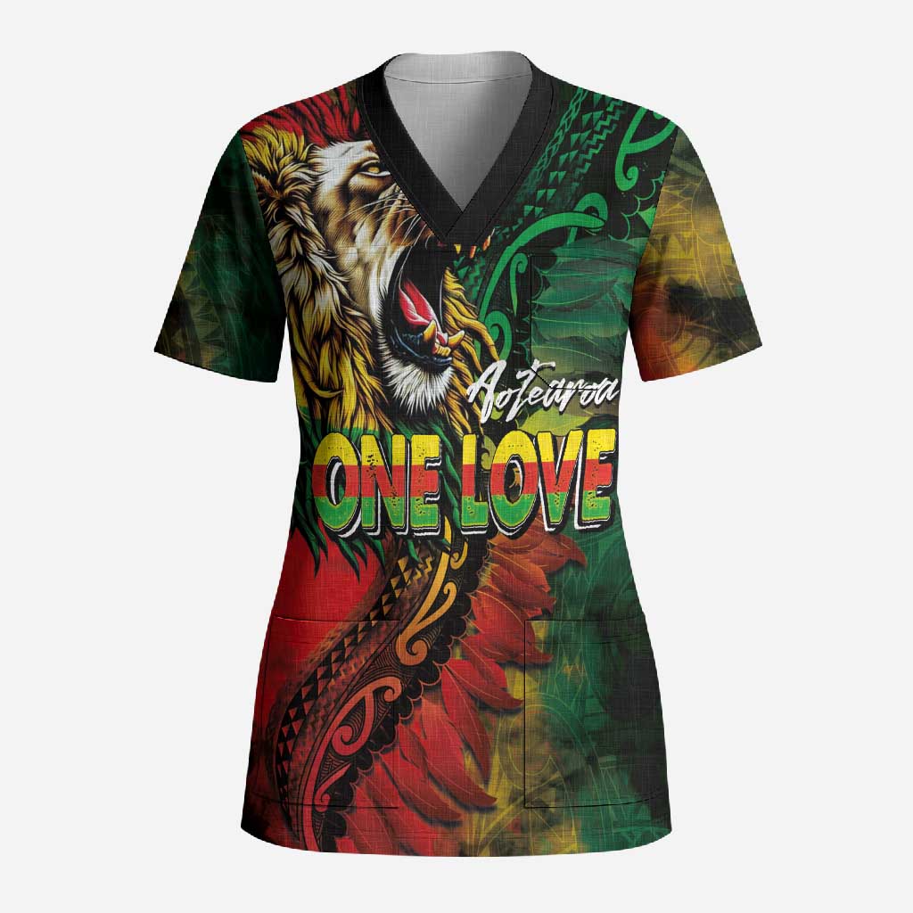Aotearoa One Love Scrub Top Reggae Lion with Kakahu Huruhuru LT03 Adult Black - Polynesian Pride