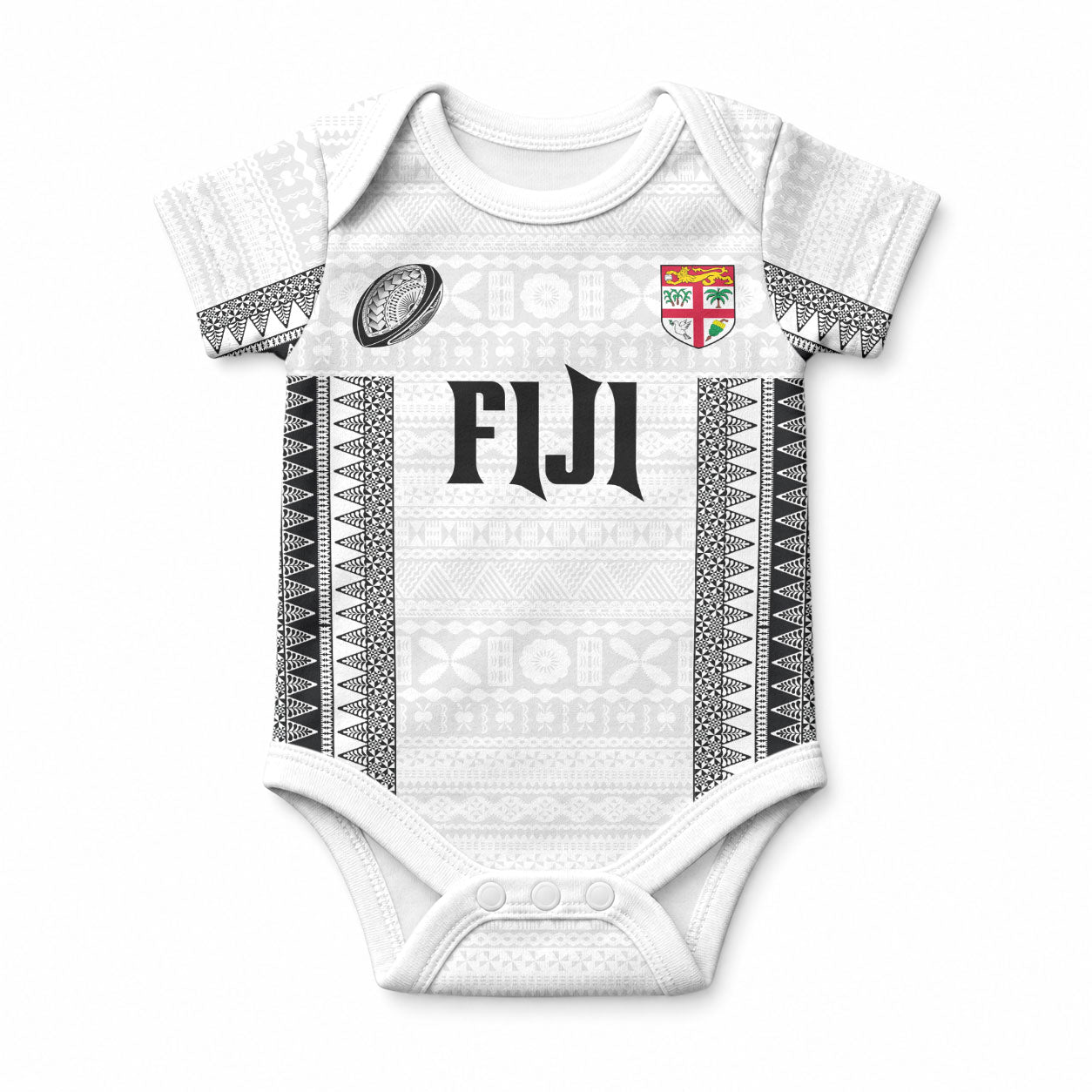 Fiji Rugby Warriors Baby Onesie Masi Tribal Pattern Go Champion 2024 LT03 White - Polynesian Pride