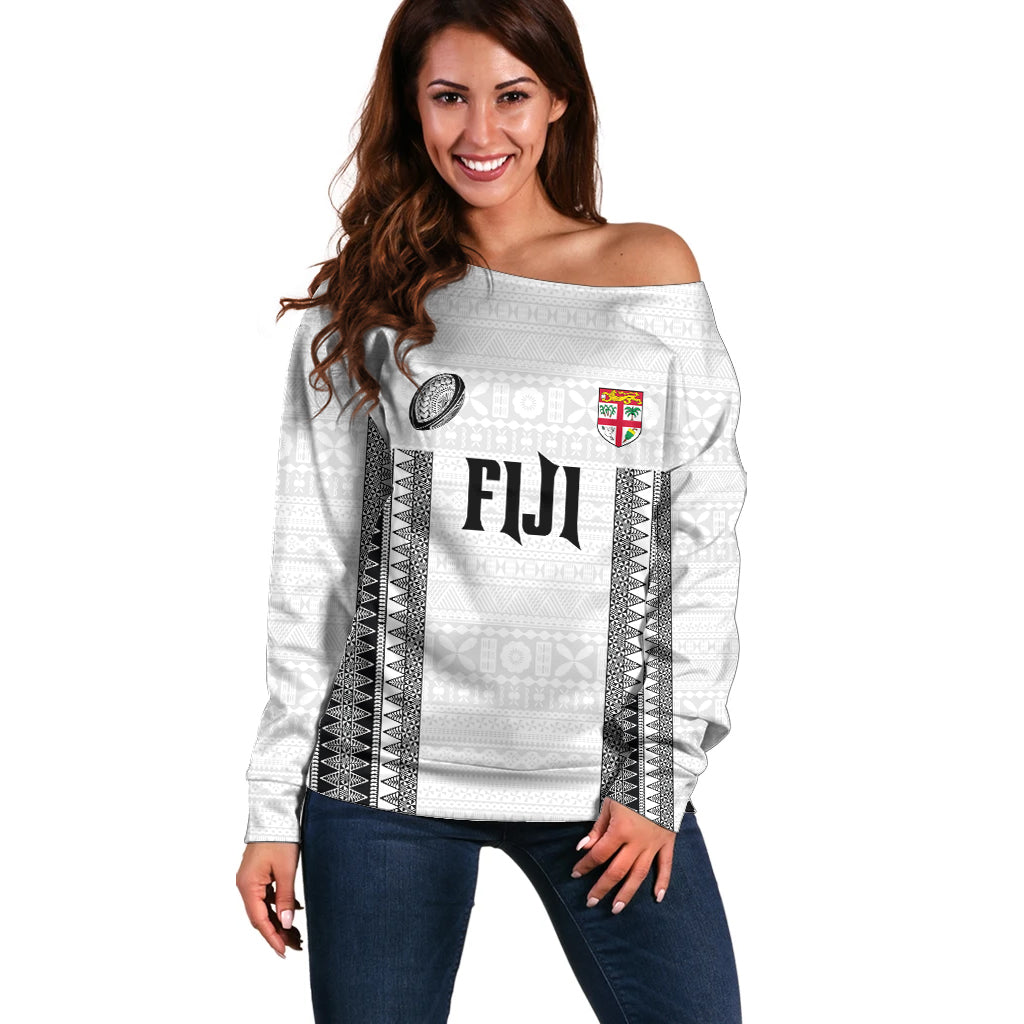 Fiji Rugby Warriors Off Shoulder Sweater Masi Tribal Pattern Go Champion 2024 LT03 Women White - Polynesian Pride