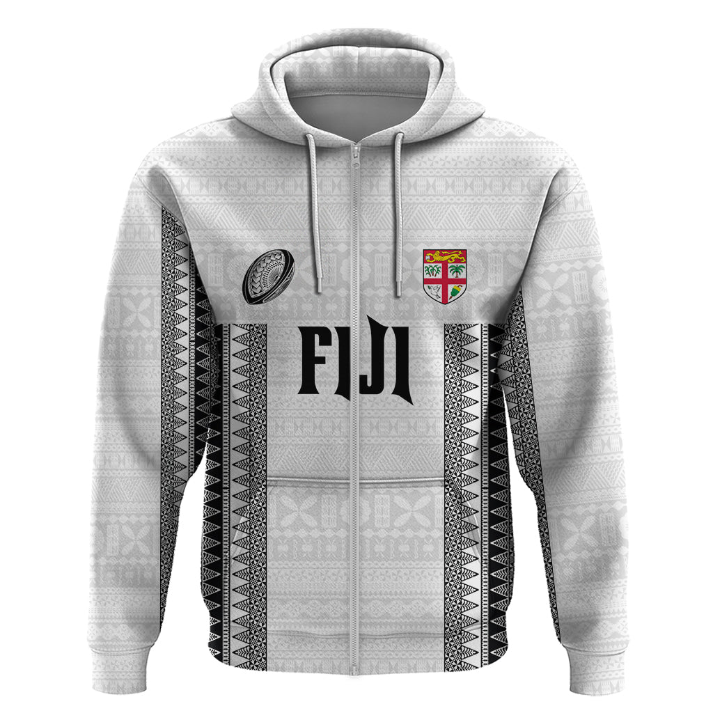 Fiji Rugby Warriors Zip Hoodie Masi Tribal Pattern Go Champion 2024 LT03 Zip Hoodie White - Polynesian Pride