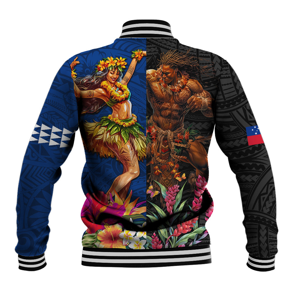 Hawaii and Samoa Together Baseball Jacket Samoan Warrior and Beauty Hula Girl LT03 - Polynesian Pride