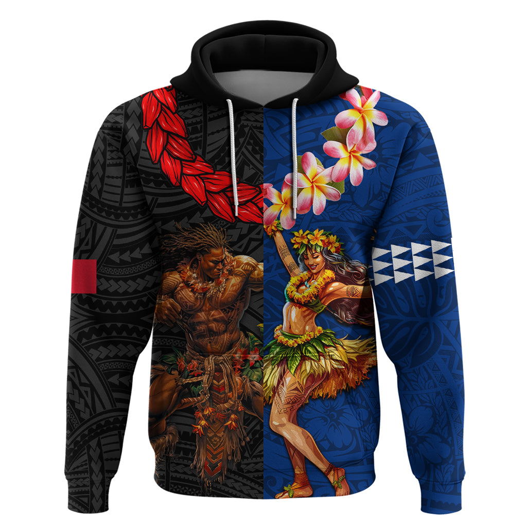 Hawaii and Samoa Together Hoodie Samoan Warrior and Beauty Hula Girl LT03 Pullover Hoodie Black - Polynesian Pride
