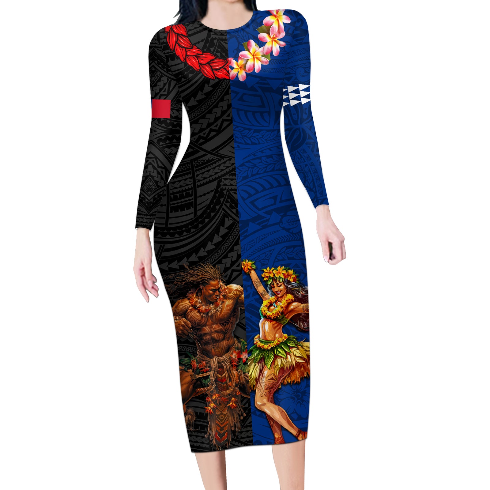 Hawaii and Samoa Together Long Sleeve Bodycon Dress Samoan Warrior and Beauty Hula Girl LT03 Long Dress Black - Polynesian Pride