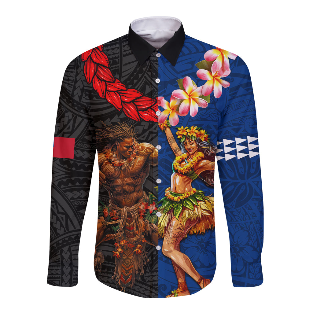 Hawaii and Samoa Together Long Sleeve Button Shirt Samoan Warrior and Beauty Hula Girl LT03 Unisex Black - Polynesian Pride