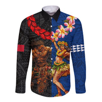 Hawaii and Samoa Together Long Sleeve Button Shirt Samoan Warrior and Beauty Hula Girl LT03 Unisex Black - Polynesian Pride