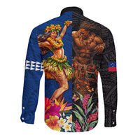 Hawaii and Samoa Together Long Sleeve Button Shirt Samoan Warrior and Beauty Hula Girl LT03 - Polynesian Pride