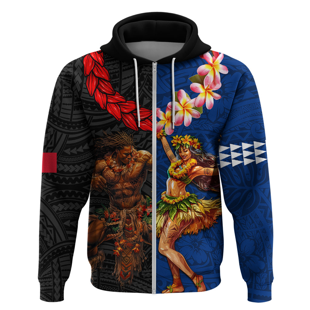 Hawaii and Samoa Together Zip Hoodie Samoan Warrior and Beauty Hula Girl LT03 Zip Hoodie Black - Polynesian Pride