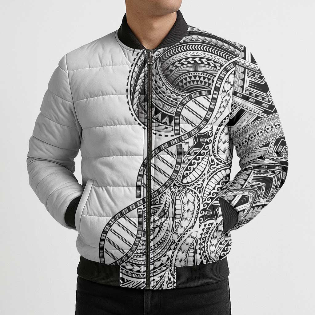 Samoan DNA Art Tattoo Bomber Puffer Jacket Polynesian Pattern White Color LT03 - Polynesian Pride