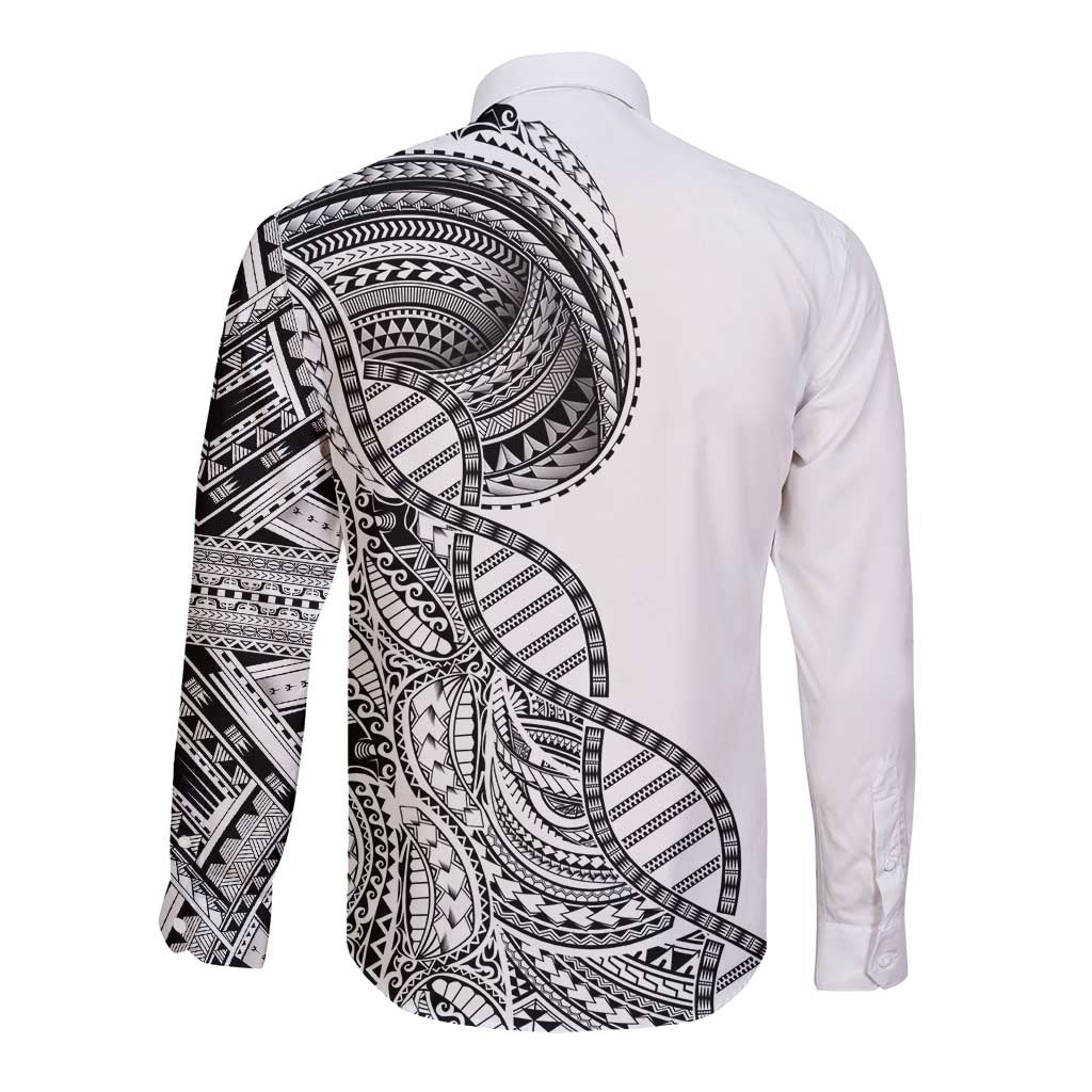 Samoan DNA Art Tattoo Long Sleeve Button Shirt Polynesian Pattern White Color LT03 - Polynesian Pride
