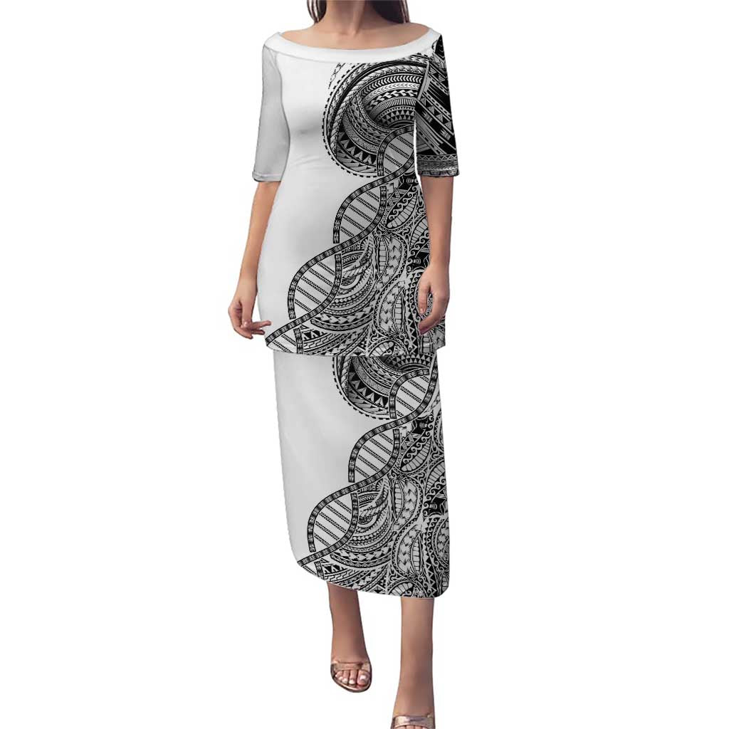 Samoan DNA Art Tattoo Puletasi Polynesian Pattern White Color LT03 Long Dress White - Polynesian Pride