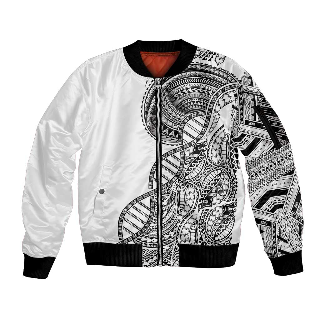 Samoan DNA Art Tattoo Sleeve Zip Bomber Jacket Polynesian Pattern White Color LT03 Unisex White - Polynesian Pride