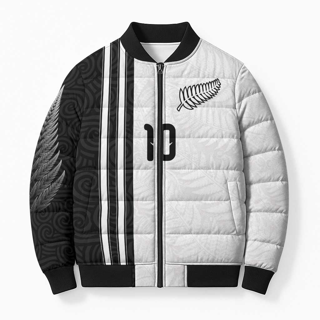 Custom New Zealand Football Bomber Puffer Jacket Silver Fern and Maori Tribal Black White Half Sporty Style LT03 Unisex Multicolor - Polynesian Pride