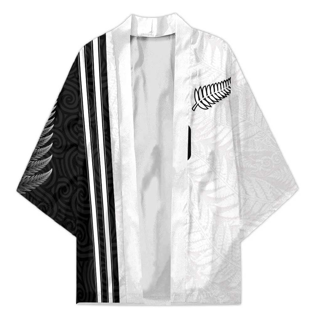 Custom New Zealand Football Kimono Silver Fern and Maori Tribal Black White Half Sporty Style LT03 Unisex Multicolor - Polynesian Pride