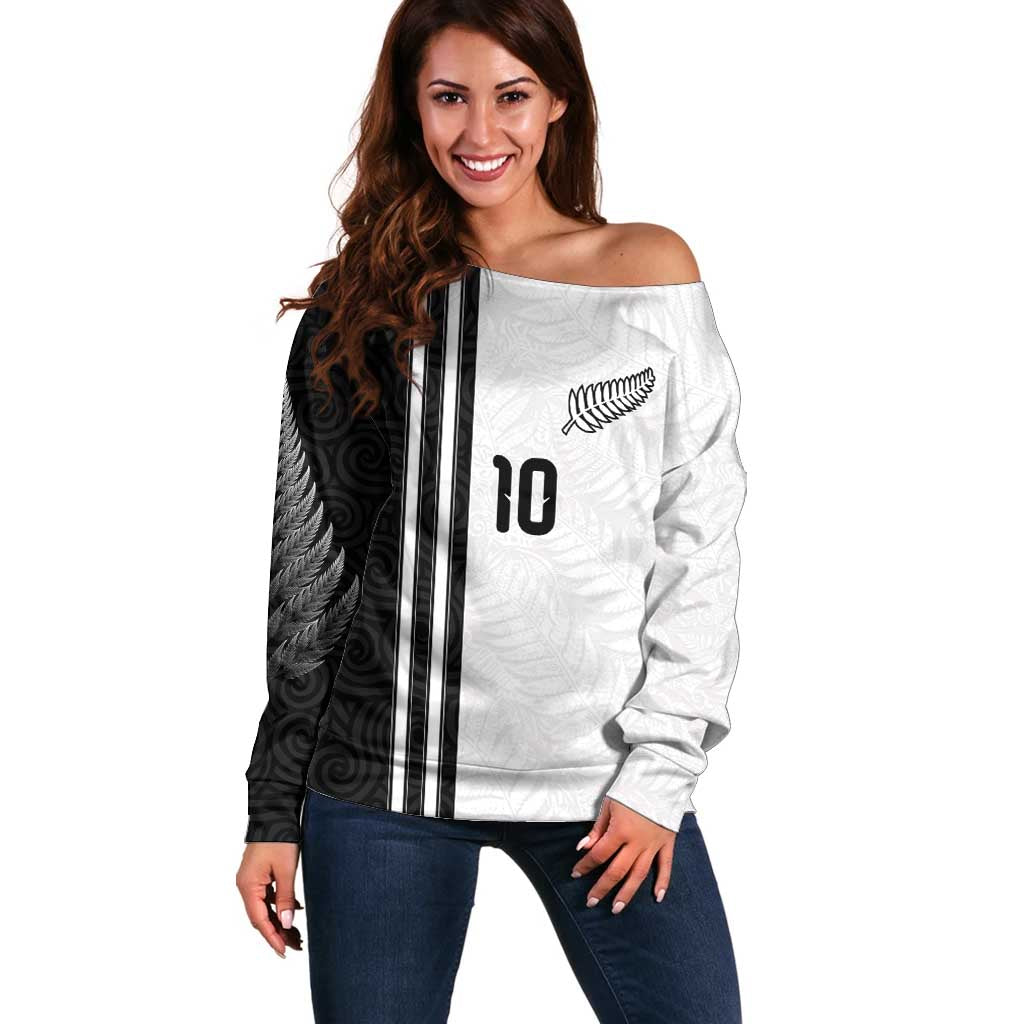 Custom New Zealand Football Off Shoulder Sweater Silver Fern and Maori Tribal Black White Half Sporty Style LT03 Women Multicolor - Polynesian Pride