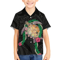 Hawaii Pikake and Maile Lei Kid Hawaiian Shirt Honu Polynesian Pattern Black Color LT03 Kid Black - Polynesian Pride