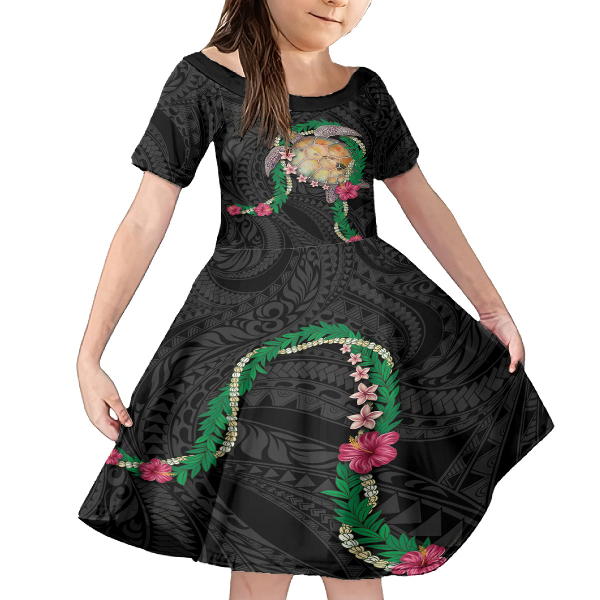 Hawaii Pikake and Maile Lei Kid Short Sleeve Dress Honu Polynesian Pattern Black Color LT03 KID Black - Polynesian Pride