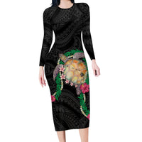 Hawaii Pikake and Maile Lei Long Sleeve Bodycon Dress Honu Polynesian Pattern Black Color LT03 Long Dress Black - Polynesian Pride