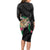 Hawaii Pikake and Maile Lei Long Sleeve Bodycon Dress Honu Polynesian Pattern Black Color