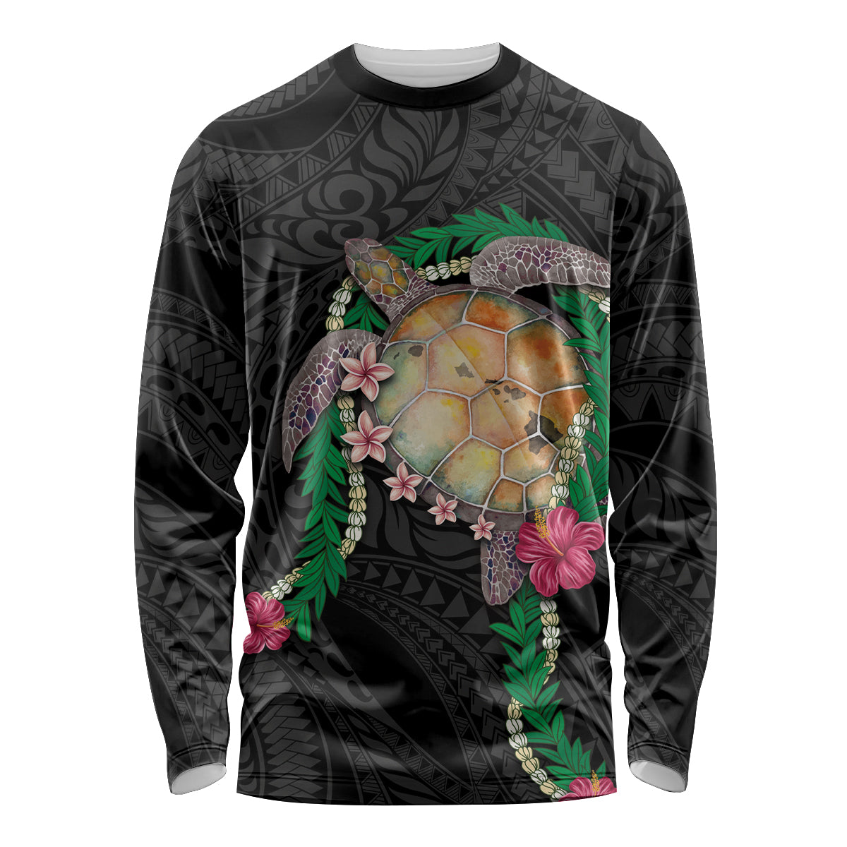 Hawaii Pikake and Maile Lei Long Sleeve Shirt Honu Polynesian Pattern Black Color LT03 Unisex Black - Polynesian Pride