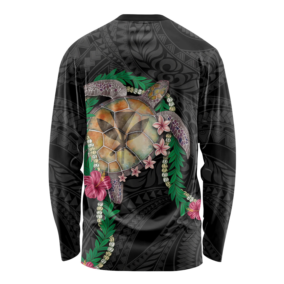 Hawaii Pikake and Maile Lei Long Sleeve Shirt Honu Polynesian Pattern Black Color LT03 - Polynesian Pride