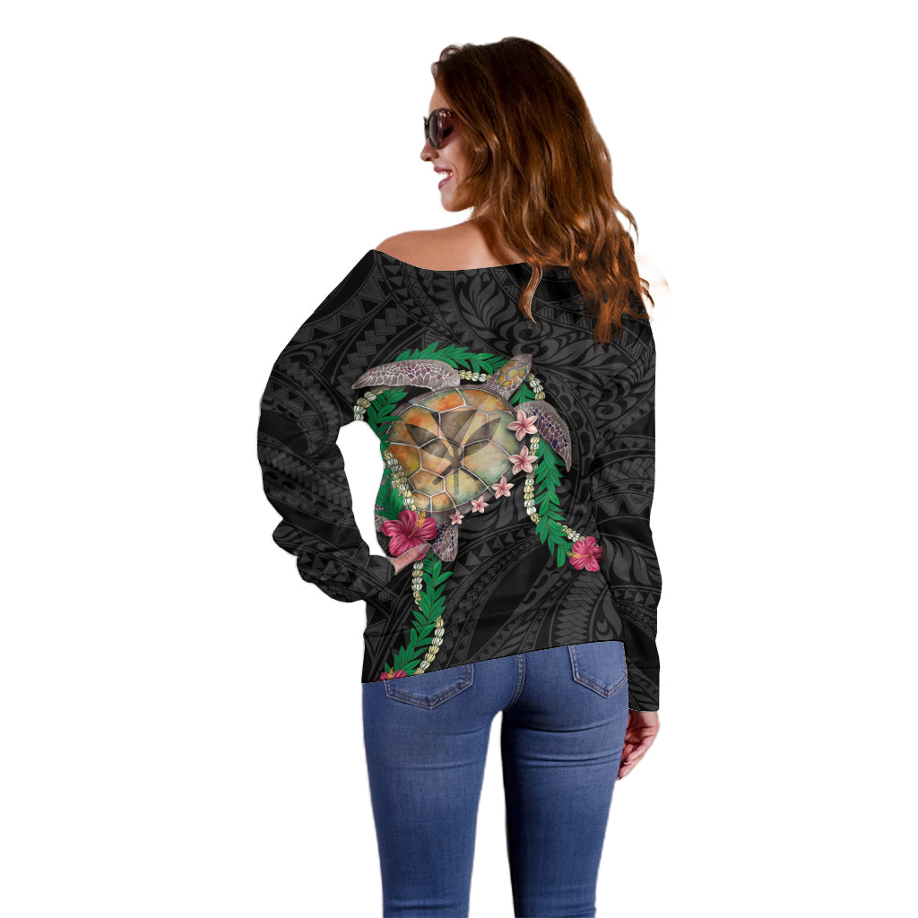 Hawaii Pikake and Maile Lei Off Shoulder Sweater Honu Polynesian Pattern Black Color LT03 - Polynesian Pride