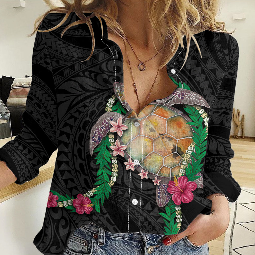 Hawaii Pikake and Maile Lei Women Casual Shirt Honu Polynesian Pattern Black Color LT03 Female Black - Polynesian Pride