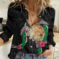 Hawaii Pikake and Maile Lei Women Casual Shirt Honu Polynesian Pattern Black Color LT03 Female Black - Polynesian Pride
