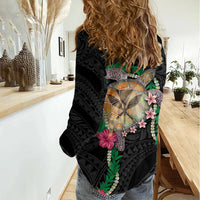 Hawaii Pikake and Maile Lei Women Casual Shirt Honu Polynesian Pattern Black Color LT03 - Polynesian Pride