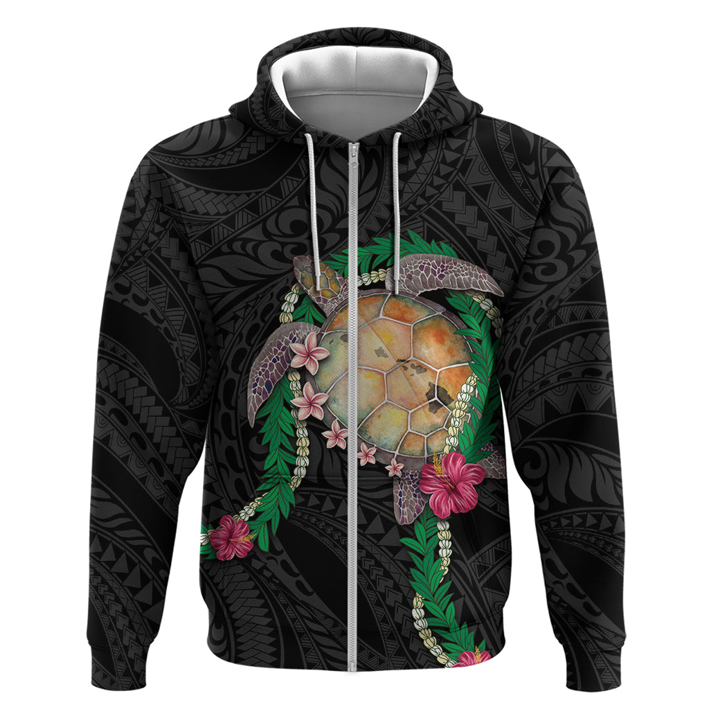 Hawaii Pikake and Maile Lei Zip Hoodie Honu Polynesian Pattern Black Color LT03 Zip Hoodie Black - Polynesian Pride