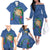 Hawaii Pikake and Maile Lei Family Matching Off The Shoulder Long Sleeve Dress and Hawaiian Shirt Honu Polynesian Pattern Blue Color