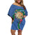 Hawaii Pikake and Maile Lei Family Matching Off Shoulder Short Dress and Hawaiian Shirt Honu Polynesian Pattern Blue Color