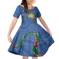 Hawaii Pikake and Maile Lei Kid Short Sleeve Dress Honu Polynesian Pattern Blue Color LT03 KID Blue - Polynesian Pride