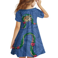 Hawaii Pikake and Maile Lei Kid Short Sleeve Dress Honu Polynesian Pattern Blue Color LT03 - Polynesian Pride