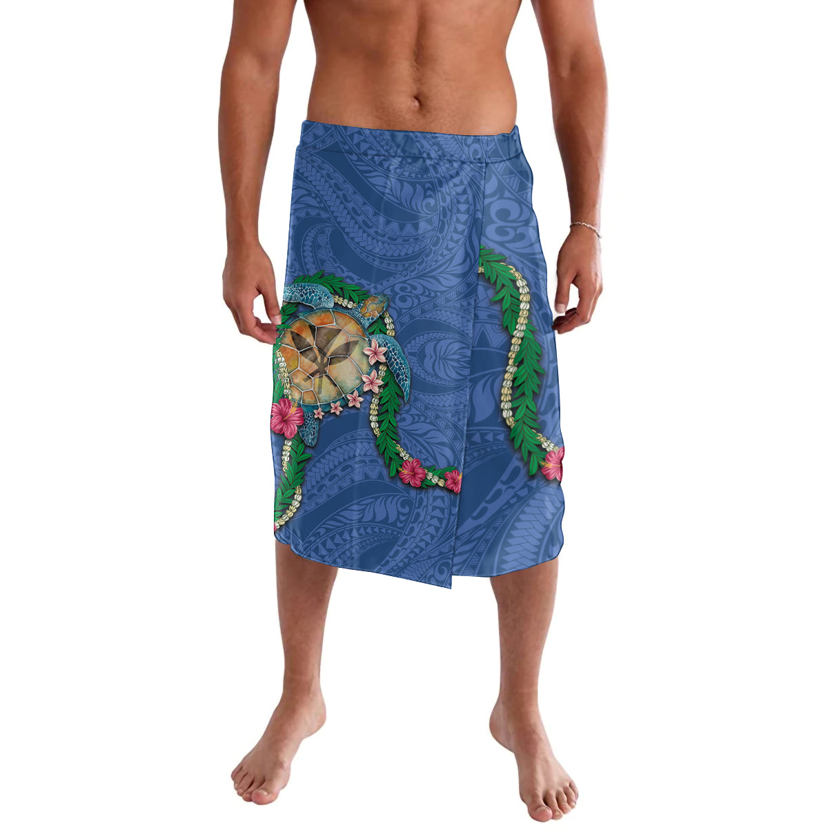 Hawaii Pikake and Maile Lei Lavalava Honu Polynesian Pattern Blue Color