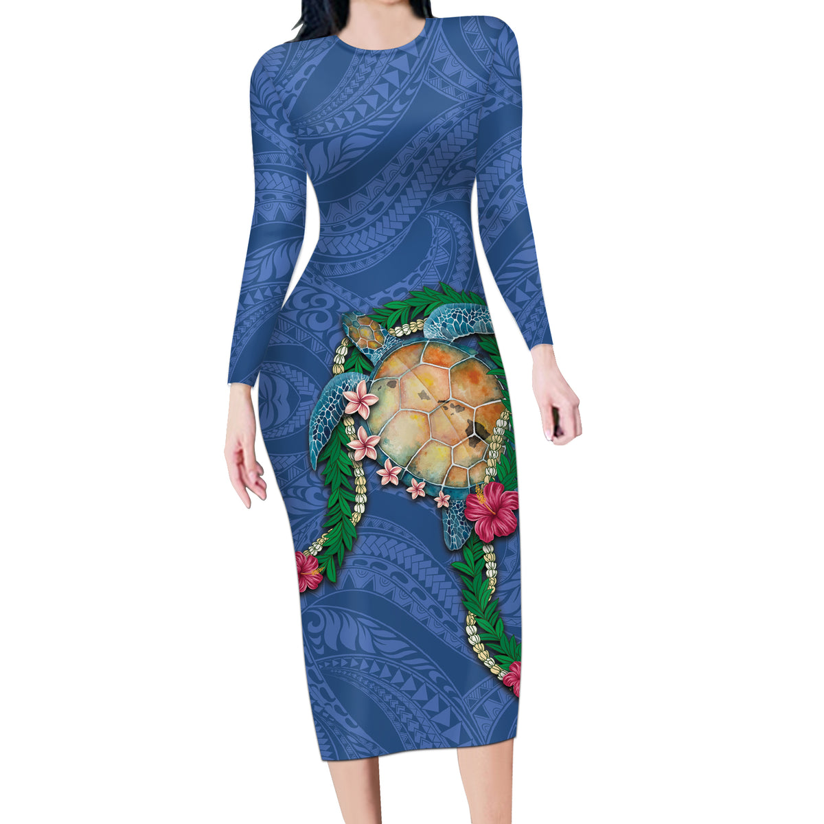 Hawaii Pikake and Maile Lei Long Sleeve Bodycon Dress Honu Polynesian Pattern Blue Color LT03 Long Dress Blue - Polynesian Pride